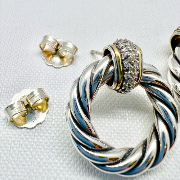 David Yurman Sterling Silver 18k Diamond Cable Door Knocker Earrings - Picture 6 of 12
